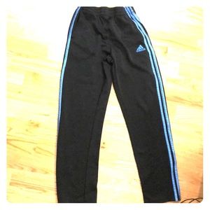 Dark heather gray Adidas pants medium blue stripes